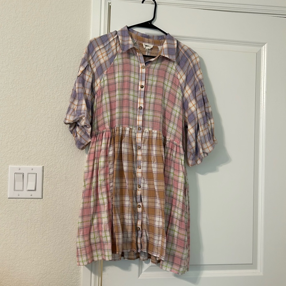 Plaid color block babydoll dress by Peach Love.